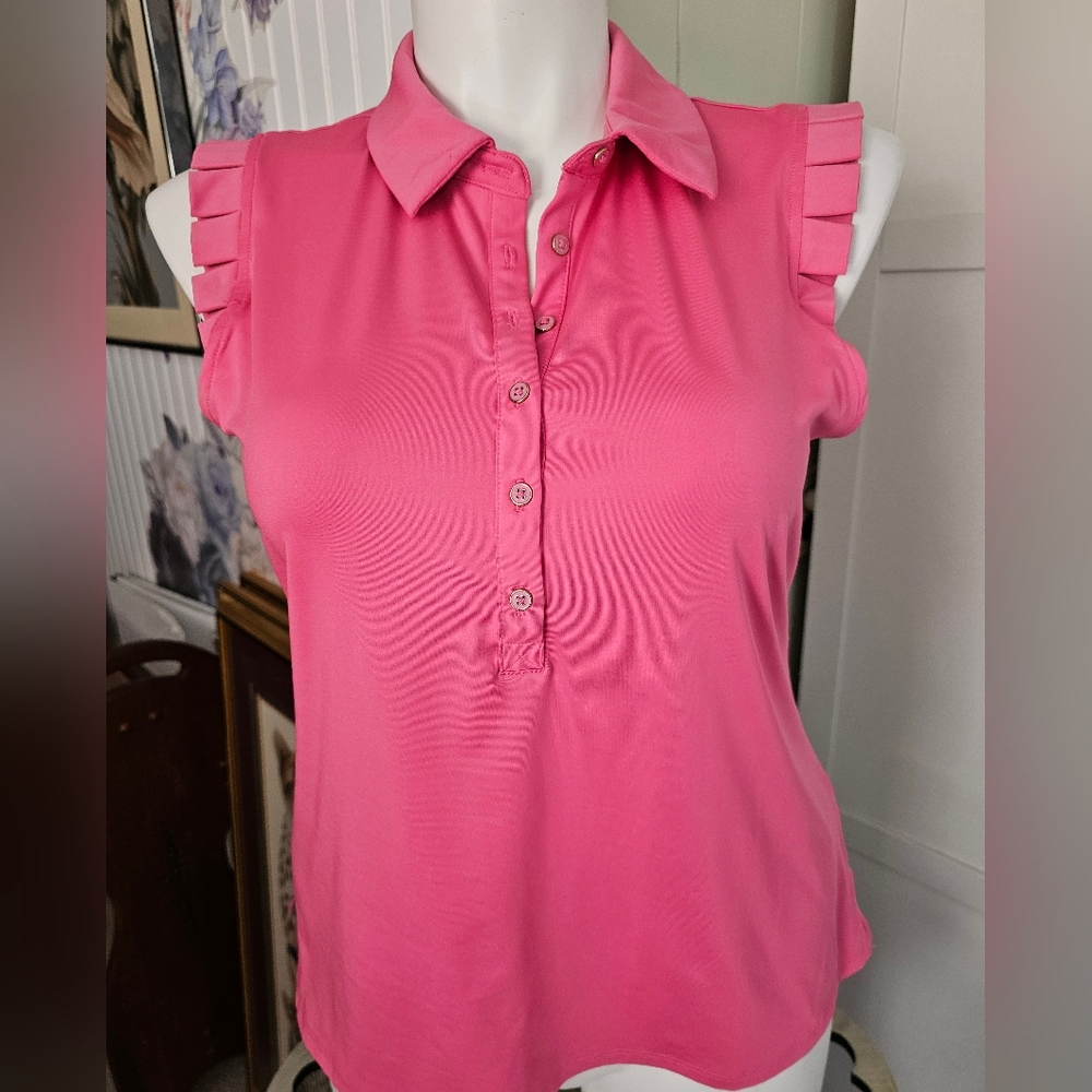 Sigrid Olsen Golf Polo Shirt XL Pink Ruffle Sleeveless Women’s Top UPF 50 EUC
